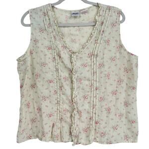 CP Shades Irish Linen Floral Print Ruffle Tank L White Cottagecore Coastal Lush